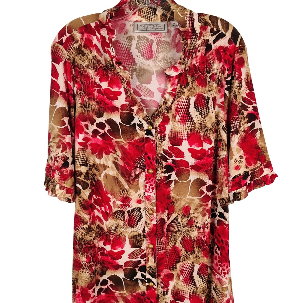 Womens 1X Simonton Says Snakeskin Blouse Red Brown Animal Print Mob Wife Y2K